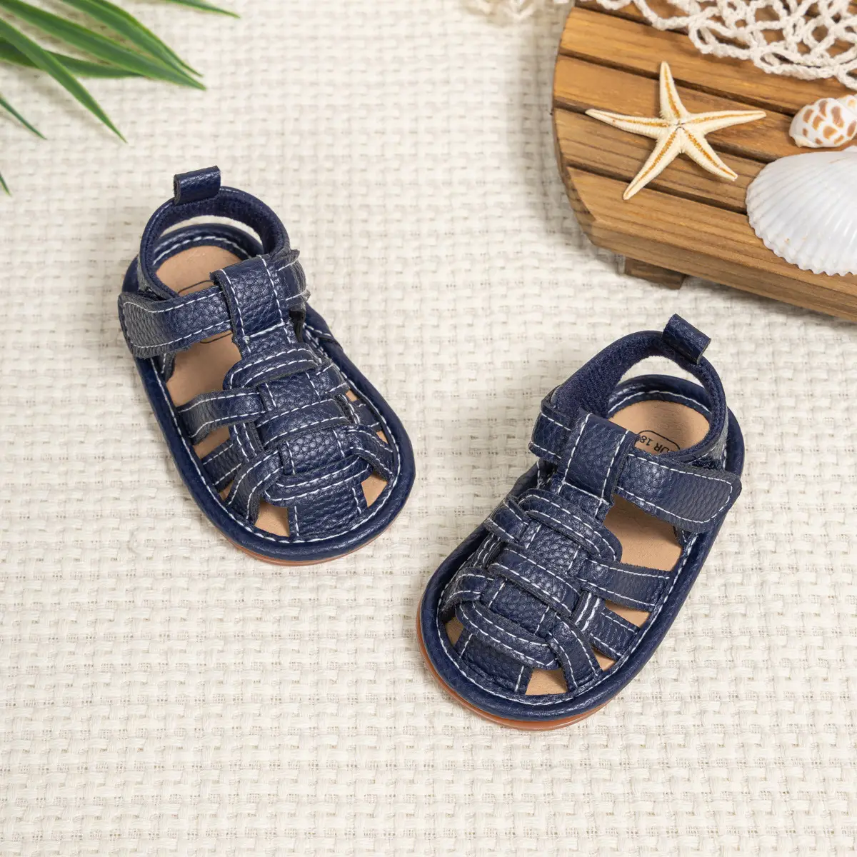 Brown Braided Velcro Baby Sandals Non-Slip