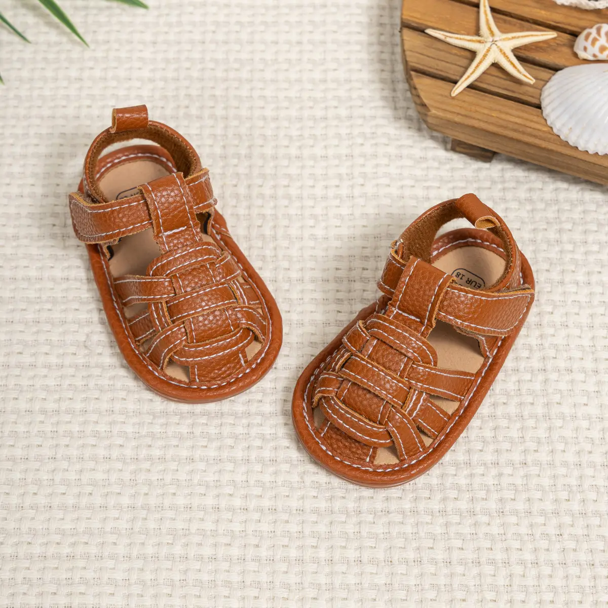 Brown Braided Velcro Baby Sandals Non-Slip