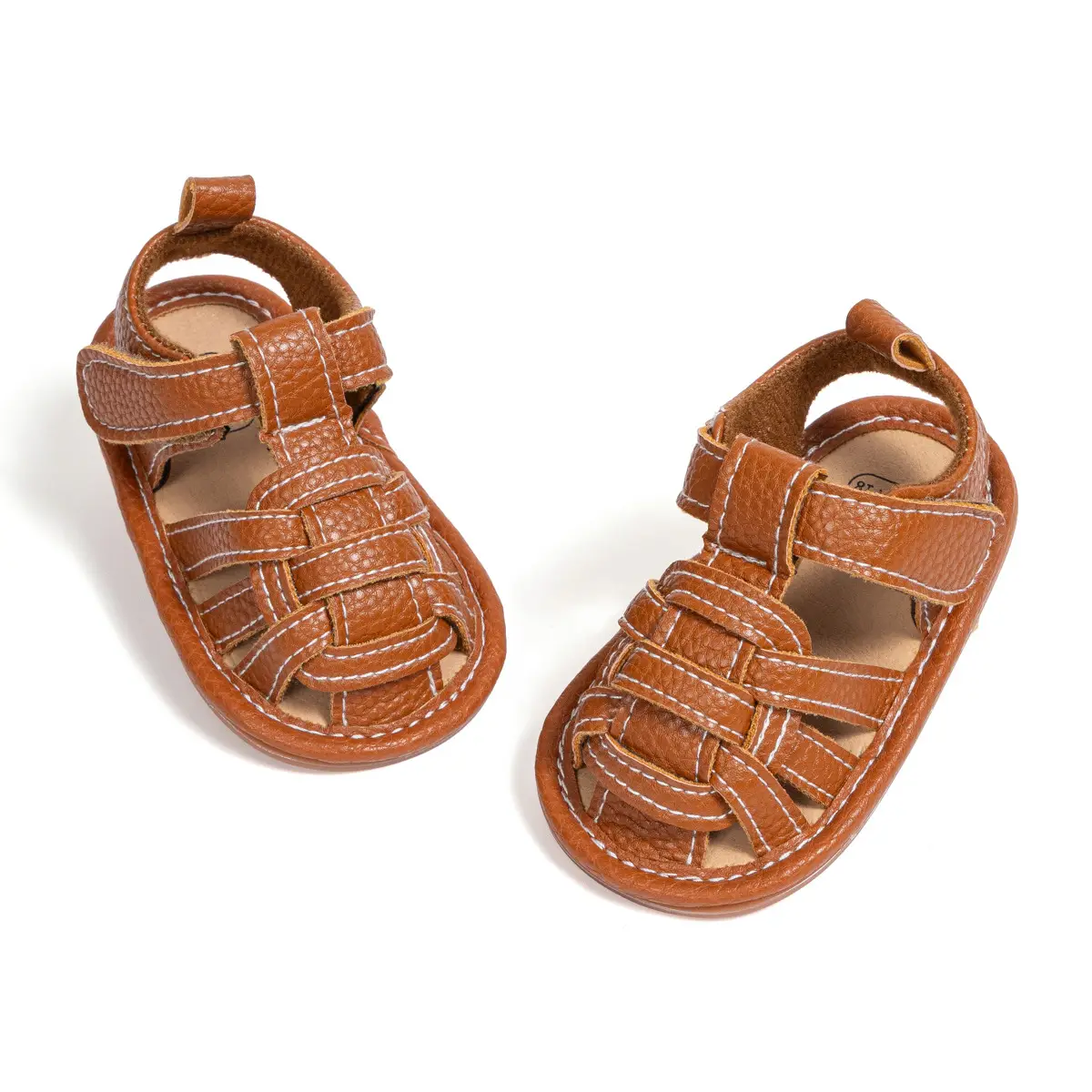 Brown Braided Velcro Baby Sandals Non-Slip