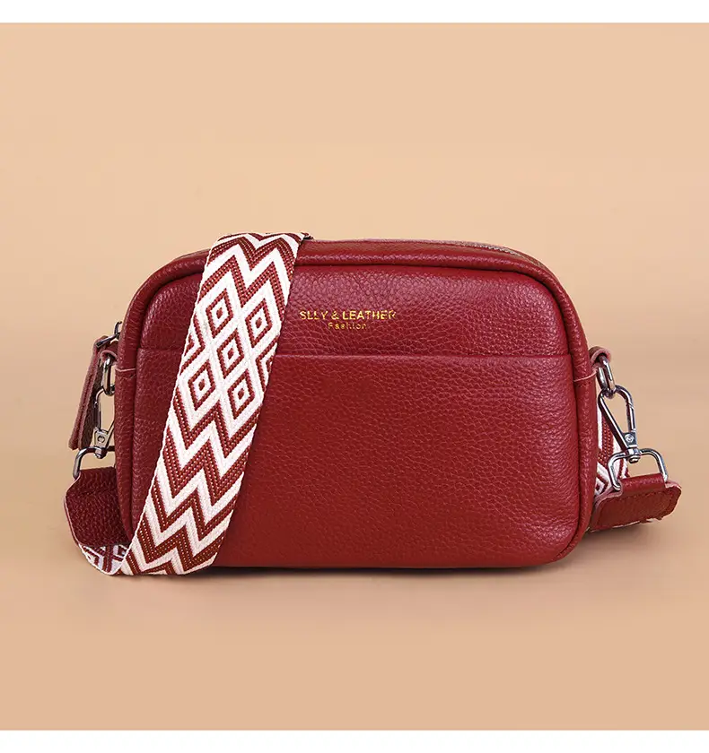 Women's Genuine Leather Crossbody Bag Red Chevron Design — feature 19