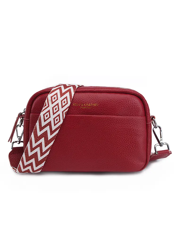 Women's Genuine Leather Crossbody Bag Red Chevron Design - Image 5