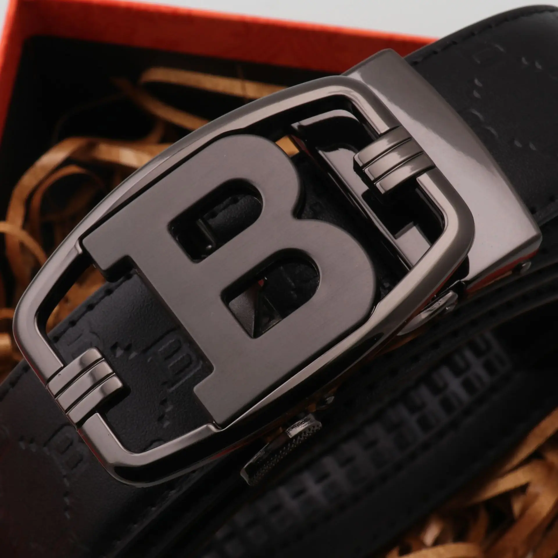 Men's Black Embossed Leather Belt with Letter Buckle - Image 5