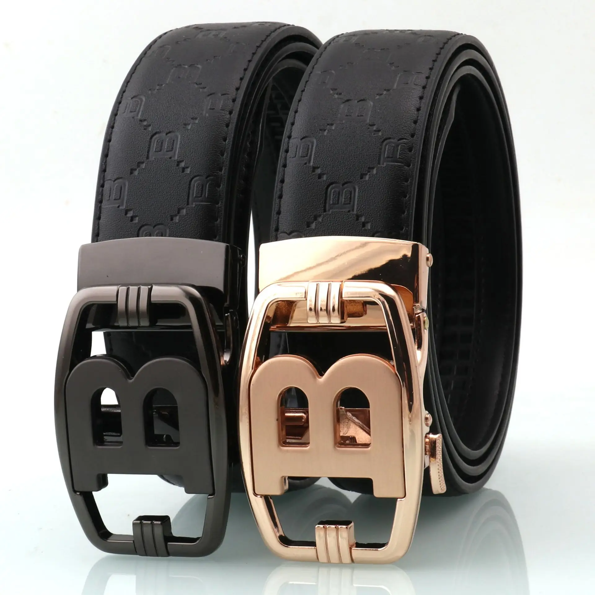 Men's Black Embossed Leather Belt with Letter Buckle - Image 6