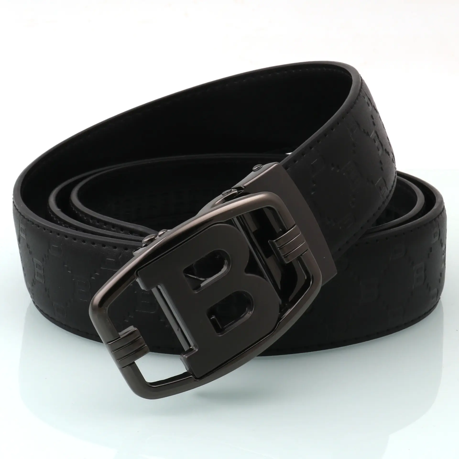 Men's Black Embossed Leather Belt with Letter Buckle - Image 2