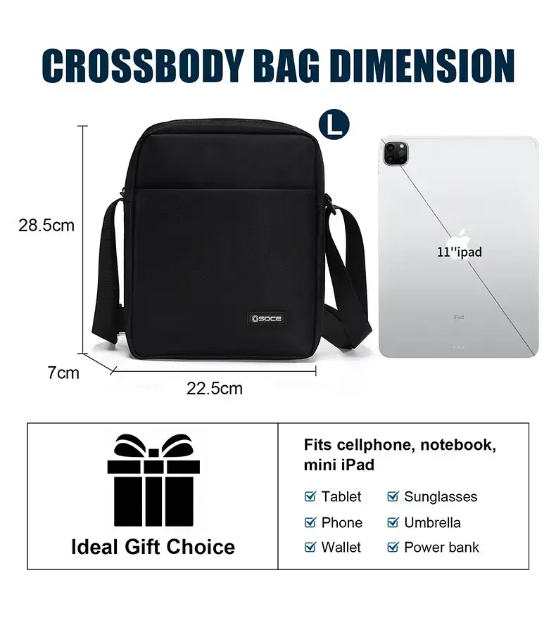 Osoce Black Large Canvas Crossbody Bag for Men Women — feature 7
