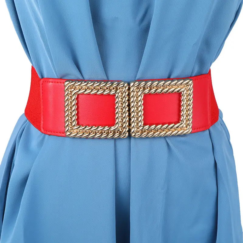 Red Square Buckle Elastic Waist Belt for Women — feature 48