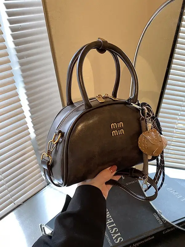 Women Retro Bowling Bag Brown Leather Shoulder Crossbody 2026 - Image 7