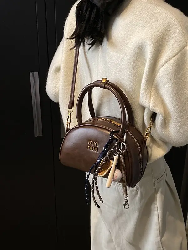 Women Retro Bowling Bag Brown Leather Shoulder Crossbody 2026 - Image 8