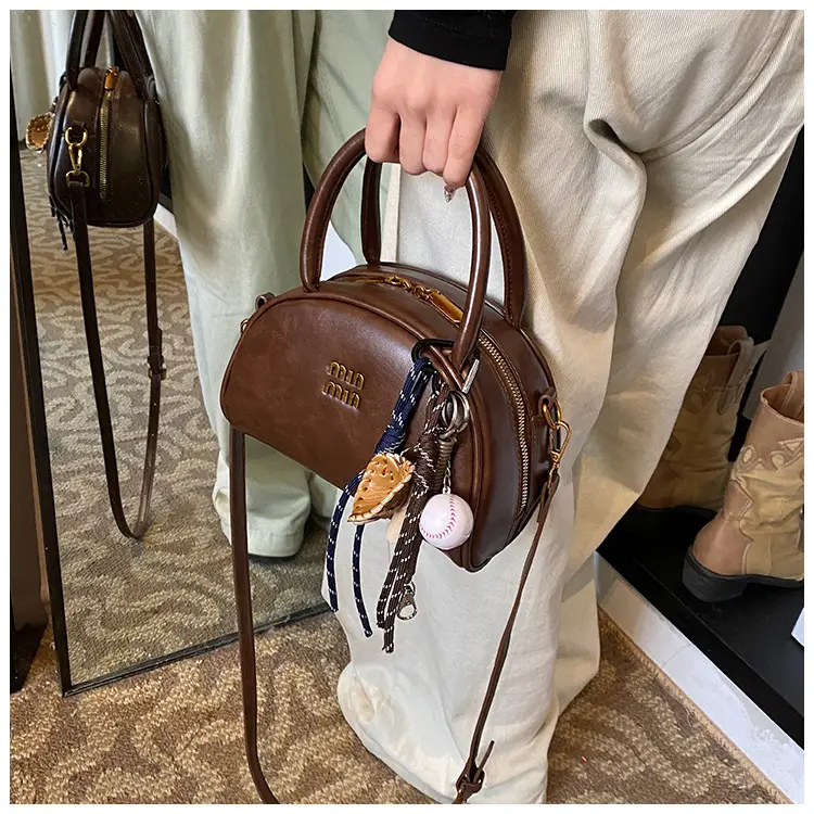Women Retro Bowling Bag Brown Leather Shoulder Crossbody 2026 — feature 10