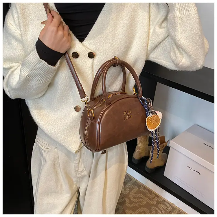 Women Retro Bowling Bag Brown Leather Shoulder Crossbody 2026 — feature 11