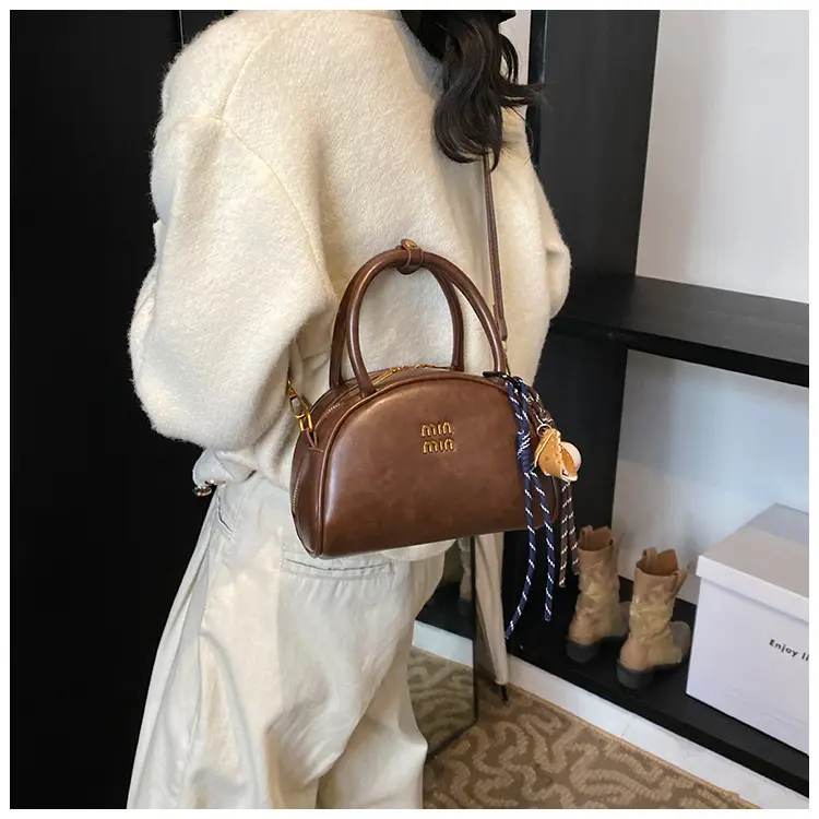 Women Retro Bowling Bag Brown Leather Shoulder Crossbody 2026 — feature 12