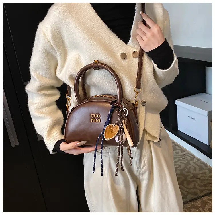 Women Retro Bowling Bag Brown Leather Shoulder Crossbody 2026 — feature 13