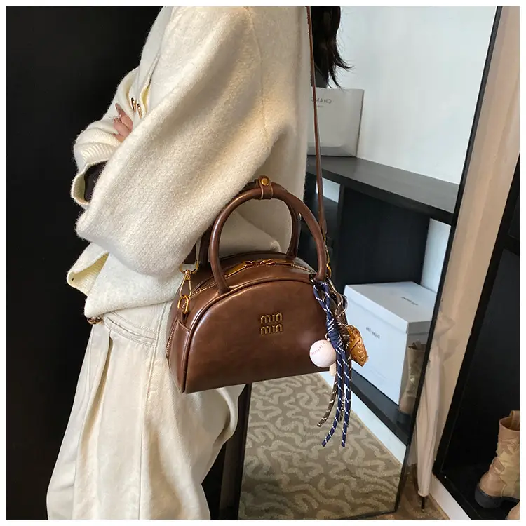 Women Retro Bowling Bag Brown Leather Shoulder Crossbody 2026 — feature 14