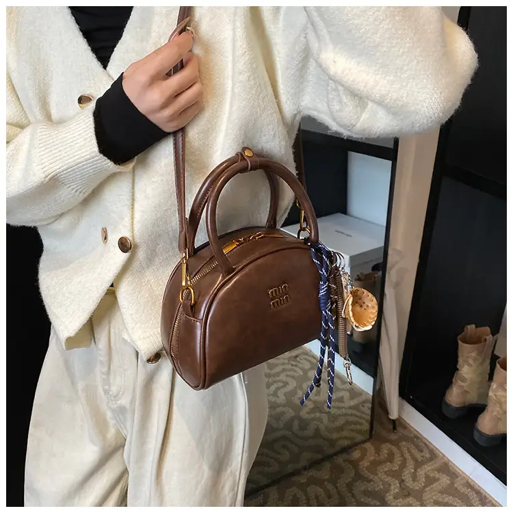 Women Retro Bowling Bag Brown Leather Shoulder Crossbody 2026 — feature 16