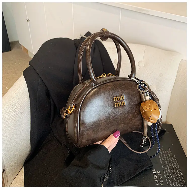 Women Retro Bowling Bag Brown Leather Shoulder Crossbody 2026 — feature 27