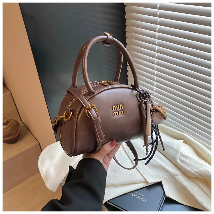 Women Retro Bowling Bag Brown Leather Shoulder Crossbody 2026 — feature 29