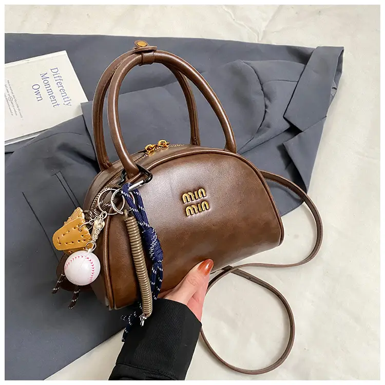 Women Retro Bowling Bag Brown Leather Shoulder Crossbody 2026 — feature 37