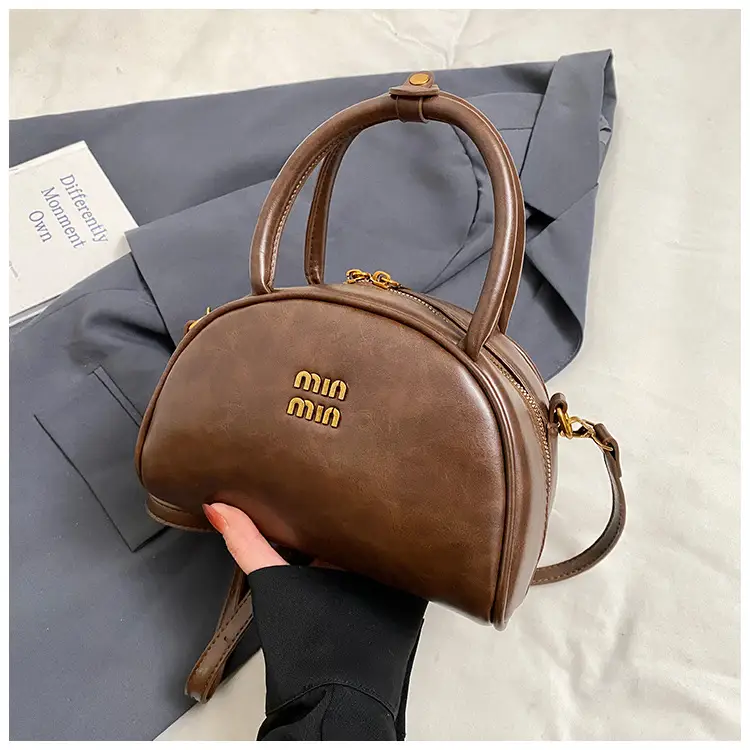 Women Retro Bowling Bag Brown Leather Shoulder Crossbody 2026 — feature 38