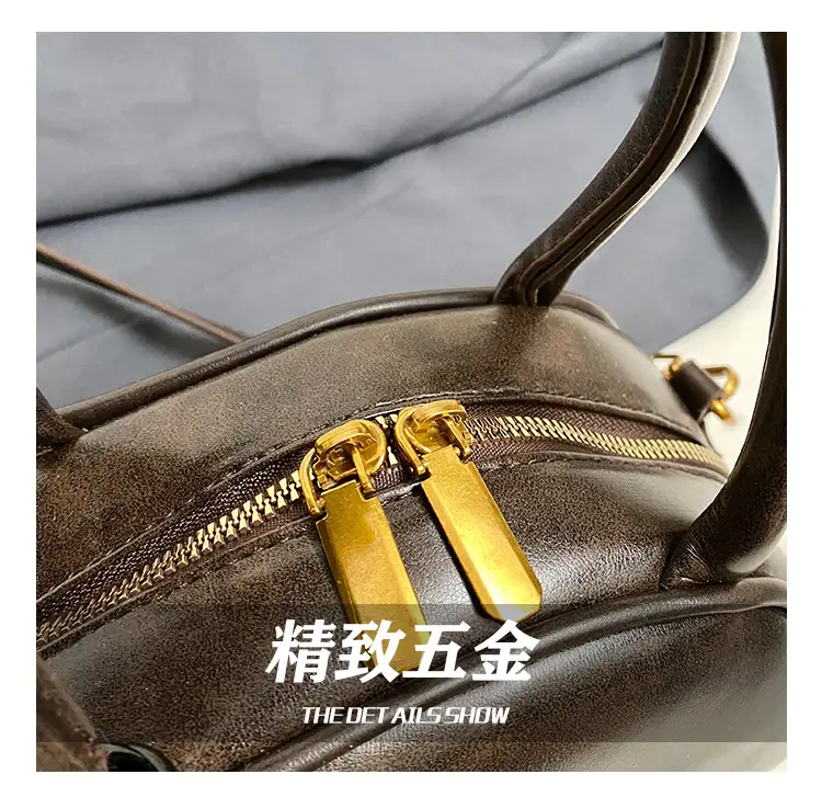 Women Retro Bowling Bag Brown Leather Shoulder Crossbody 2026 — feature 4