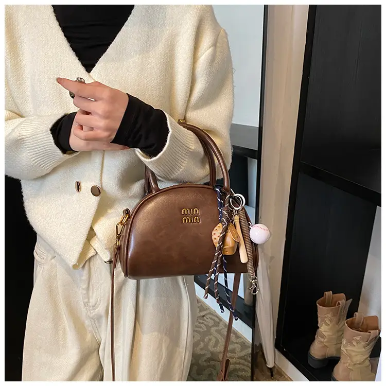 Women Retro Bowling Bag Brown Leather Shoulder Crossbody 2026 — feature 8