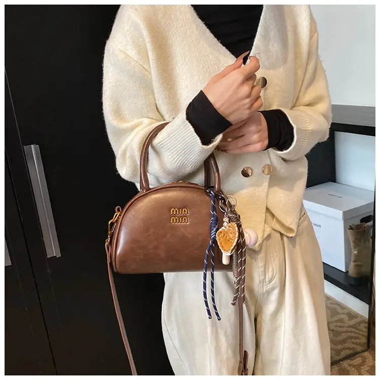 Women Retro Bowling Bag Brown Leather Shoulder Crossbody 2026 — feature 9