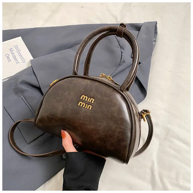 Women Retro Bowling Bag Brown Leather Shoulder Crossbody 2026 - Image 4