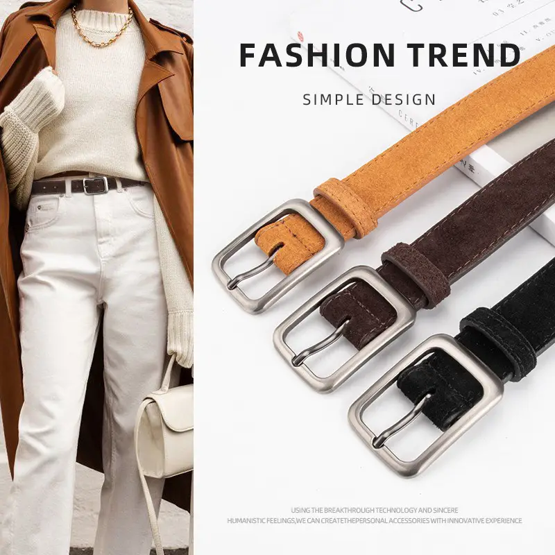 Black Frosted Anti-Velvet Square Button Belt for Women - Image 14