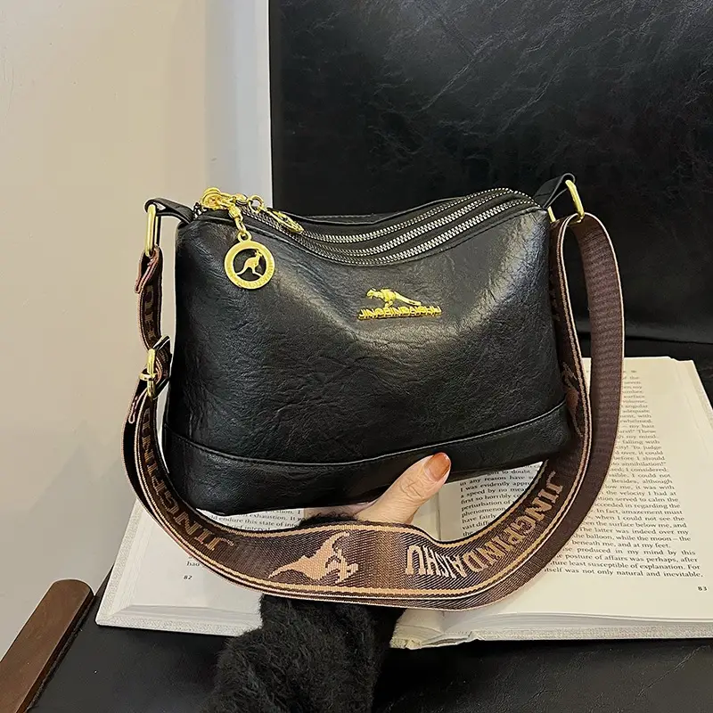 Black Kangaroo Shoulder Bag with Gold Chain & Three-Layer Design