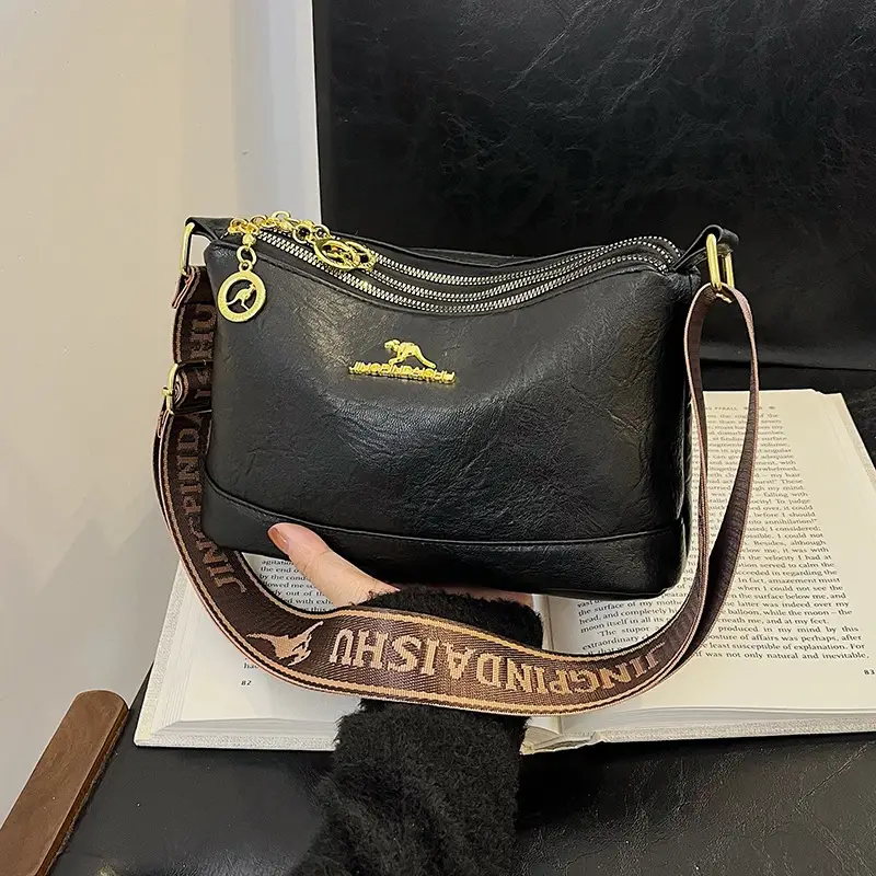 Black Kangaroo Shoulder Bag with Gold Chain & Three-Layer Design