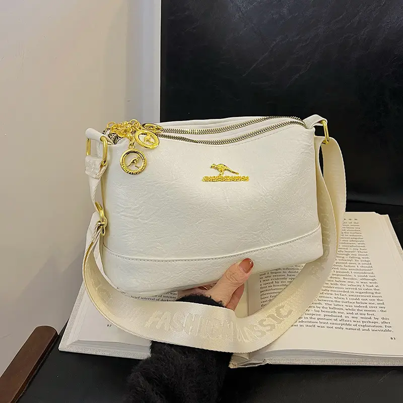 Black Kangaroo Shoulder Bag with Gold Chain & Three-Layer Design