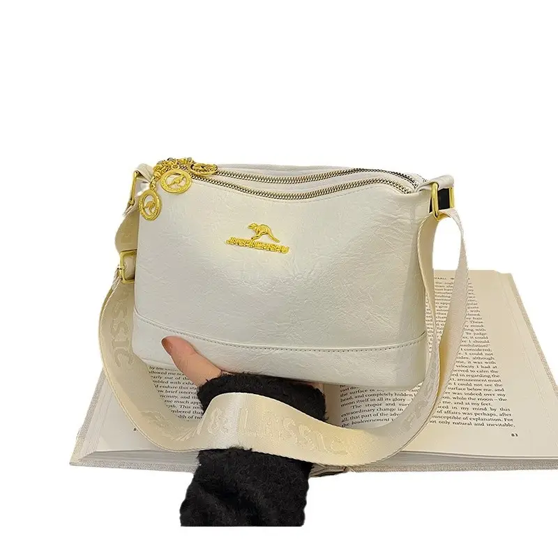 Black Kangaroo Shoulder Bag with Gold Chain & Three-Layer Design