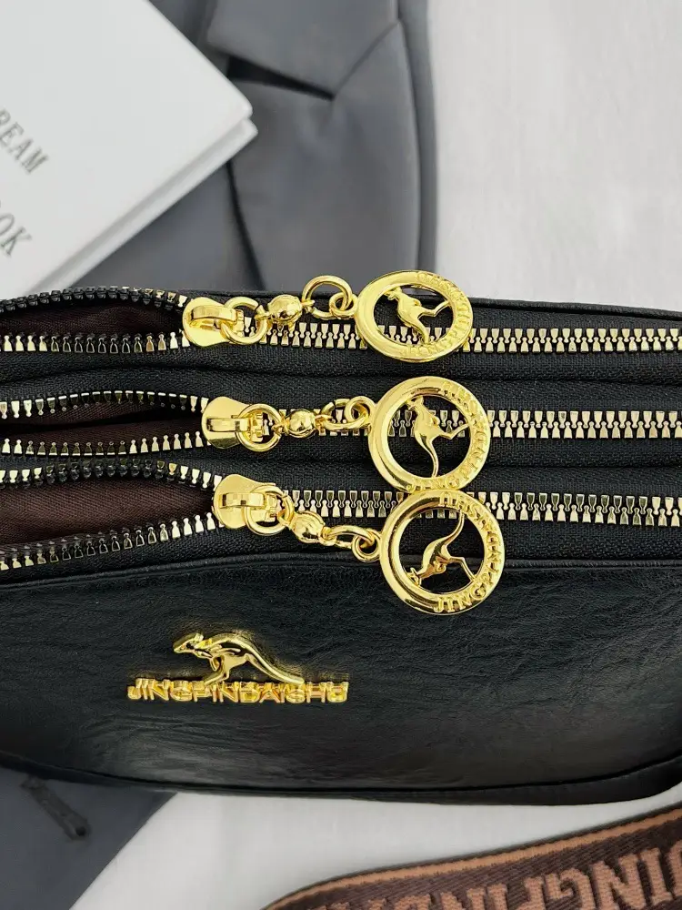 Black Kangaroo Shoulder Bag with Gold Chain & Three-Layer Design — feature 16