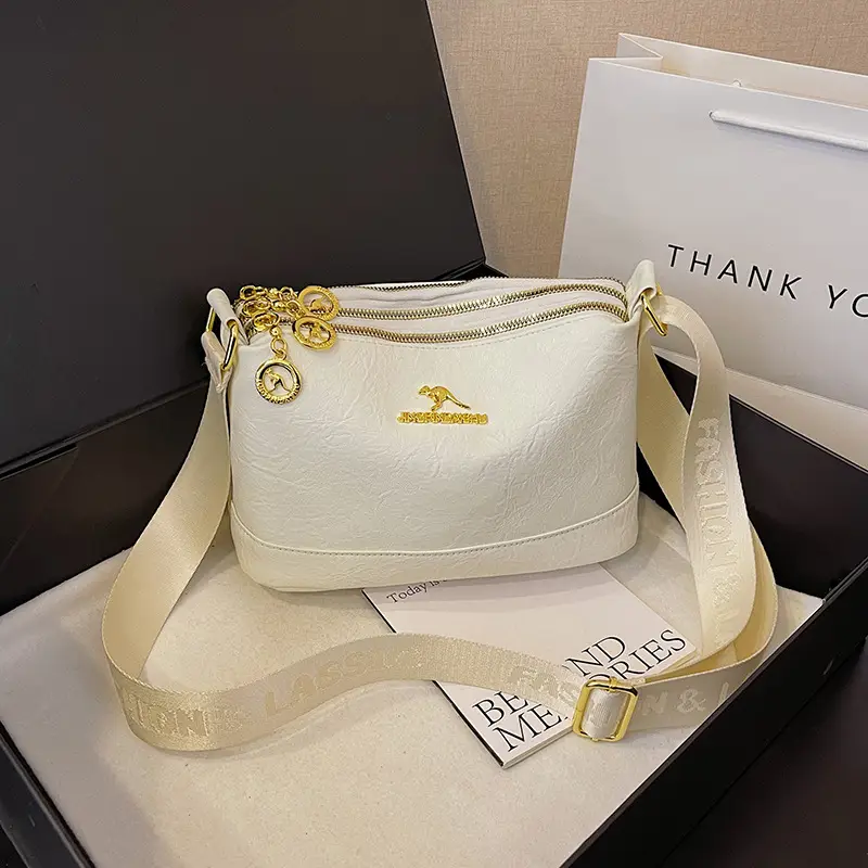 Black Kangaroo Shoulder Bag with Gold Chain & Three-Layer Design