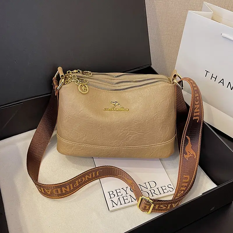 Black Kangaroo Shoulder Bag with Gold Chain & Three-Layer Design
