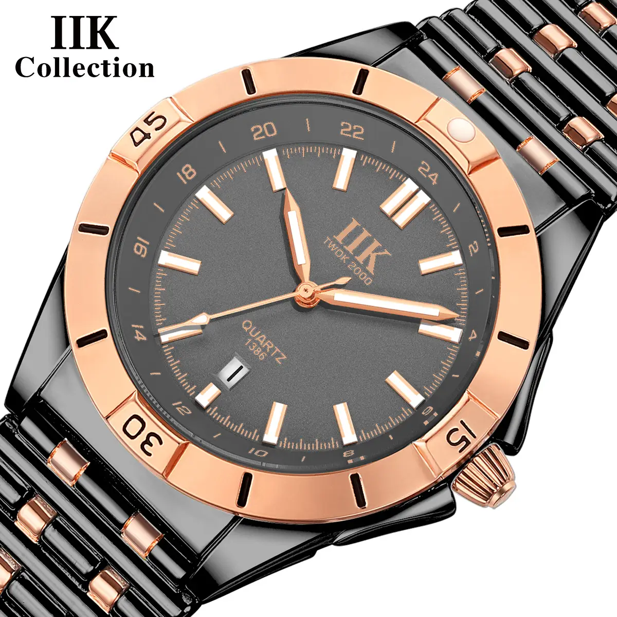 IIK Men's Quartz Watch Black Rose Gold Analog Dial - Image 10