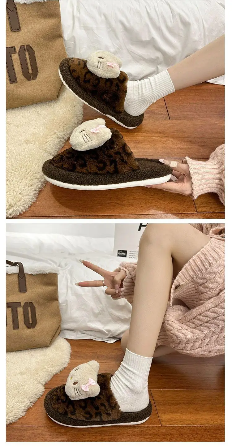 Cute Cartoon Cute Cat Cotton Slippers Women's 2024 Winter New Outer Wear Thick Bottom Home Warm fleece-lined Baotou Slippers — feature 7