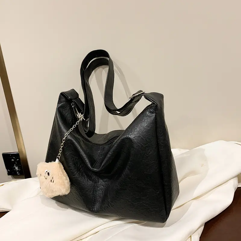 Large Capacity Brown Leather Shoulder Bag with Cute Charm