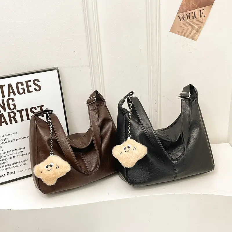 Large Capacity Brown Leather Shoulder Bag with Cute Charm