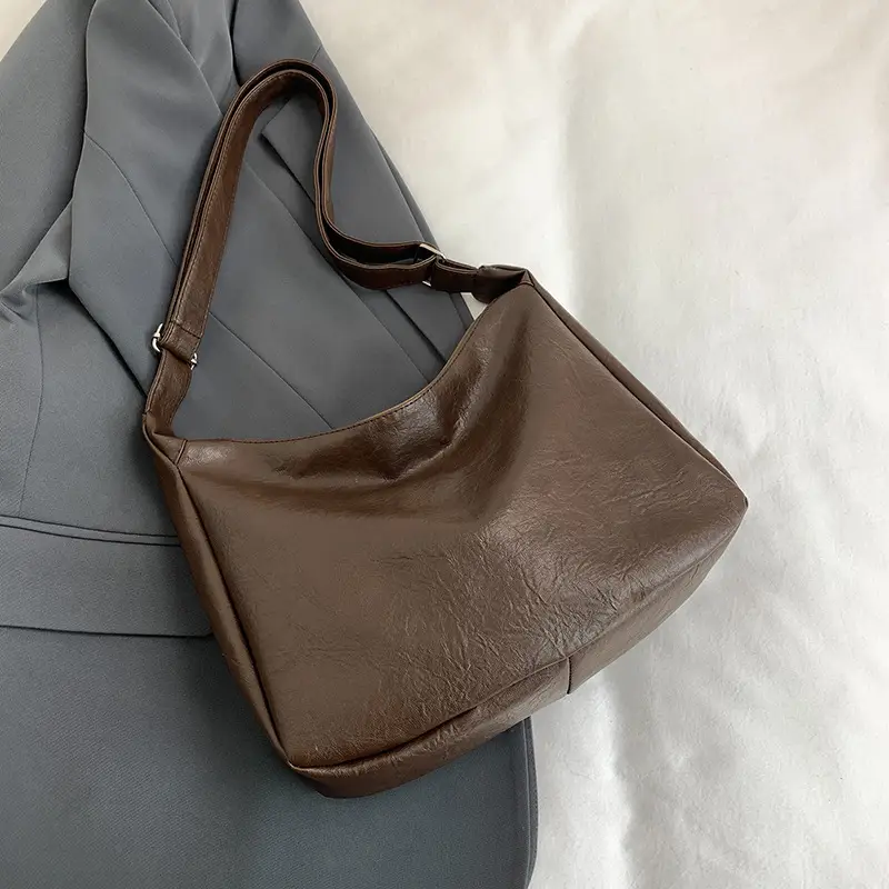 Large Capacity Brown Leather Shoulder Bag with Cute Charm