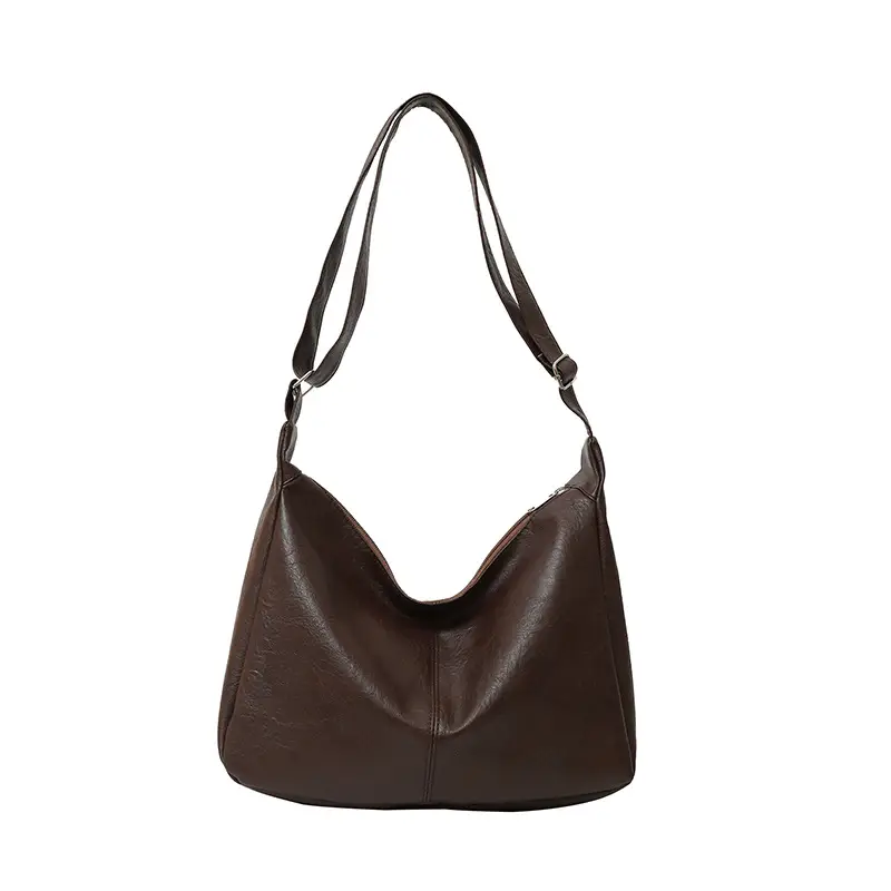 Large Capacity Brown Leather Shoulder Bag with Cute Charm