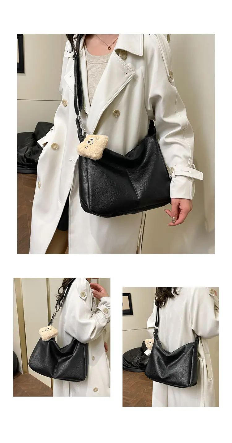 Large Capacity Brown Leather Shoulder Bag with Cute Charm — feature 10