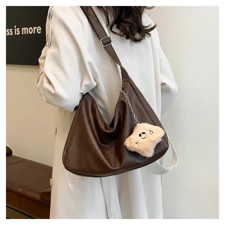 Large Capacity Brown Leather Shoulder Bag with Cute Charm — feature 15