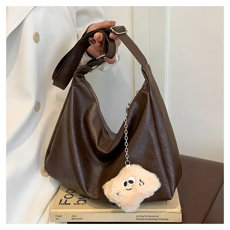 Large Capacity Brown Leather Shoulder Bag with Cute Charm — feature 18