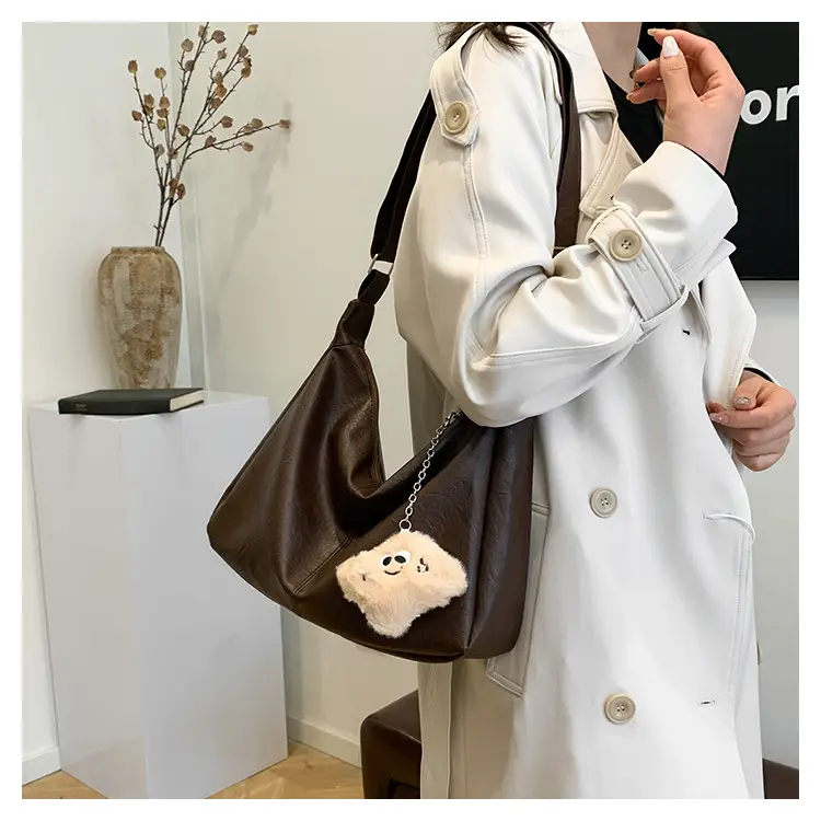 Large Capacity Brown Leather Shoulder Bag with Cute Charm — feature 19