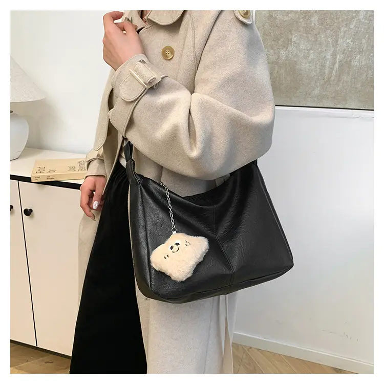 Large Capacity Brown Leather Shoulder Bag with Cute Charm — feature 23