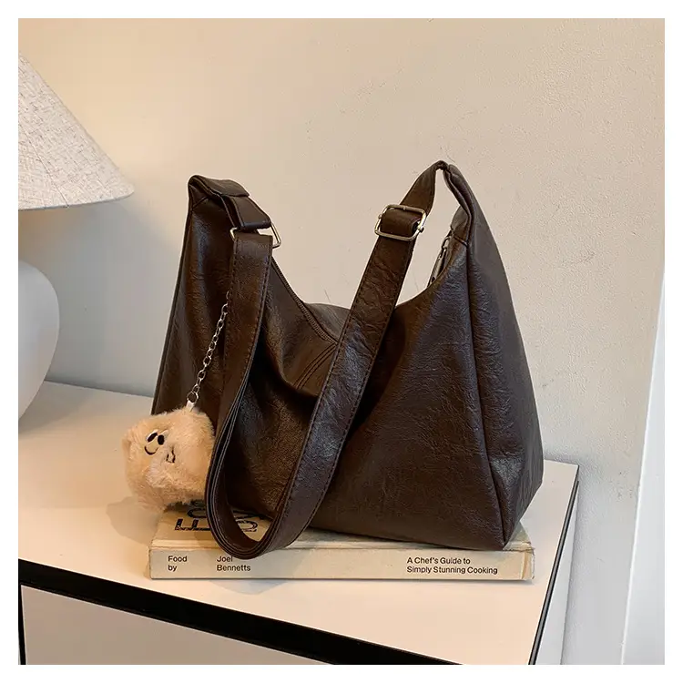 Large Capacity Brown Leather Shoulder Bag with Cute Charm — feature 28