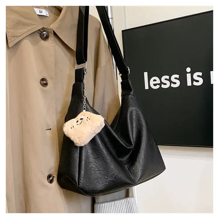 Large Capacity Brown Leather Shoulder Bag with Cute Charm — feature 29