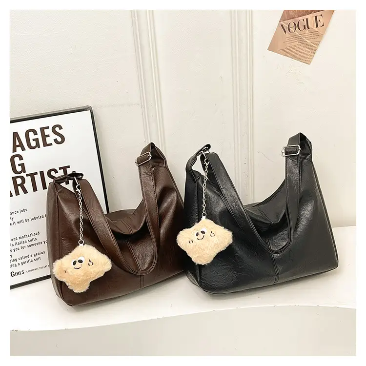 Large Capacity Brown Leather Shoulder Bag with Cute Charm — feature 30
