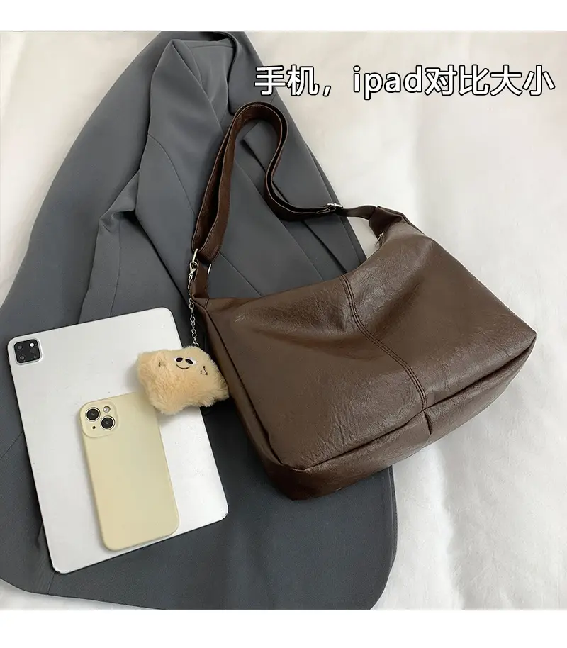 Large Capacity Brown Leather Shoulder Bag with Cute Charm — feature 6