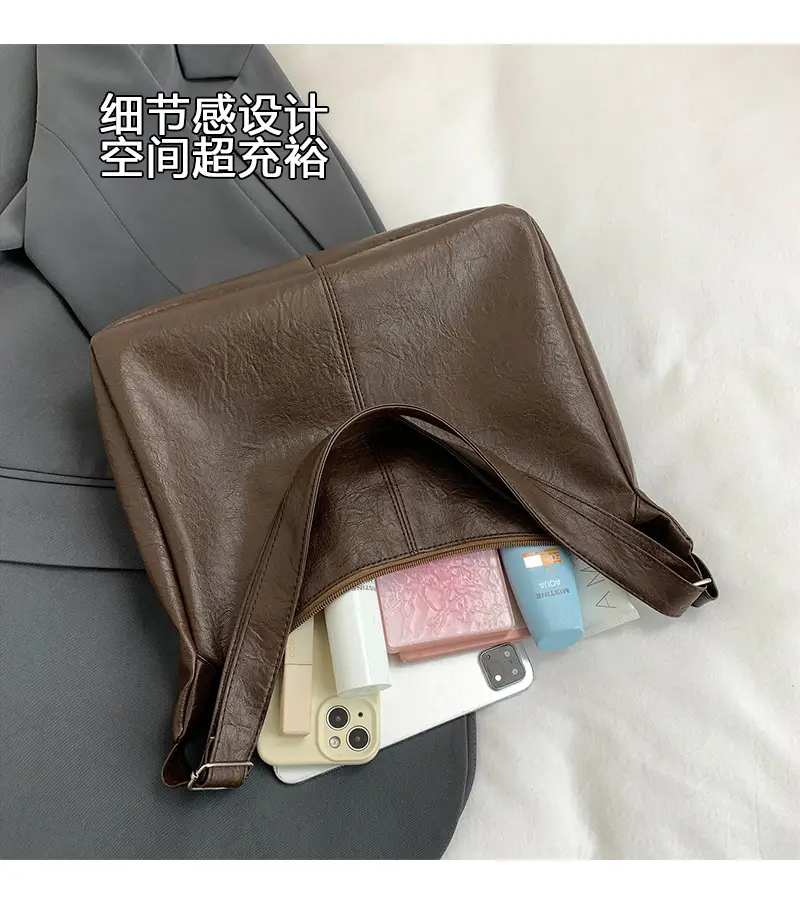 Large Capacity Brown Leather Shoulder Bag with Cute Charm — feature 7